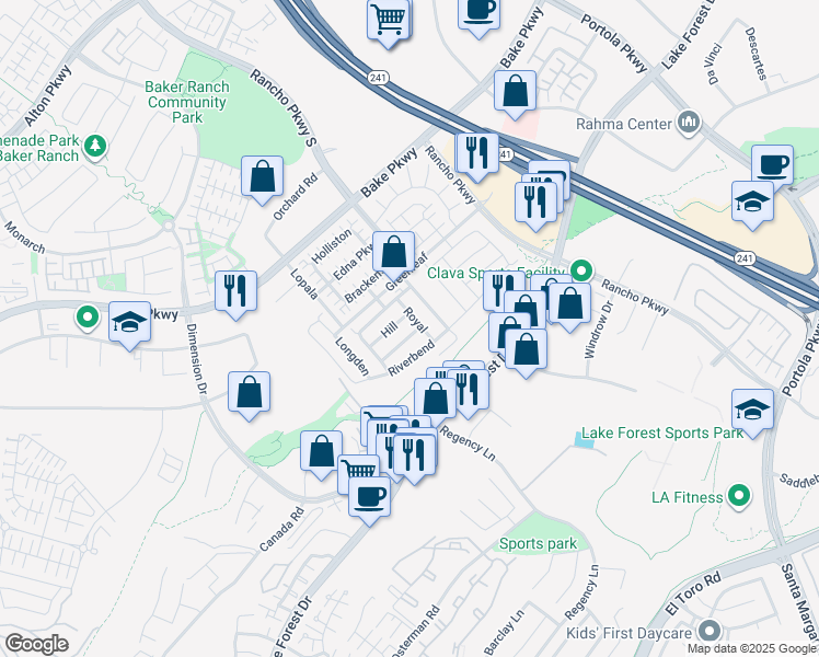 map of restaurants, bars, coffee shops, grocery stores, and more near 181 Buckeye in Lake Forest