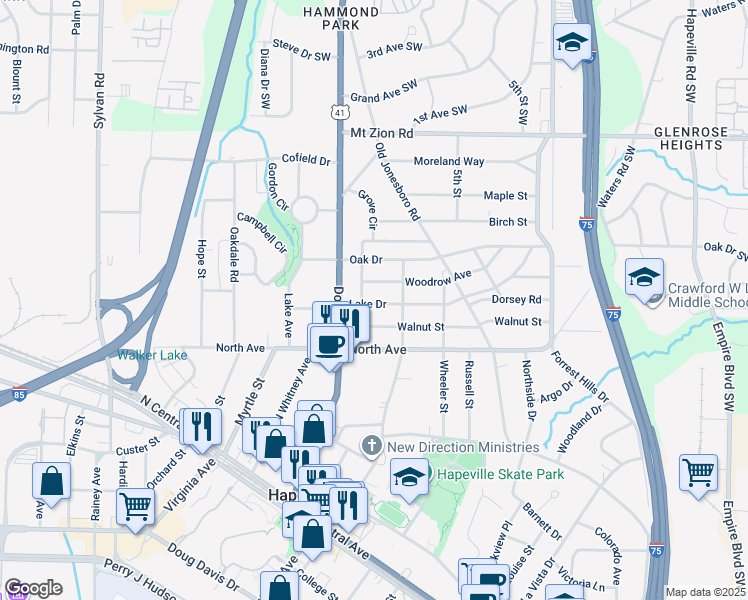 map of restaurants, bars, coffee shops, grocery stores, and more near 547 Lake Drive in Atlanta