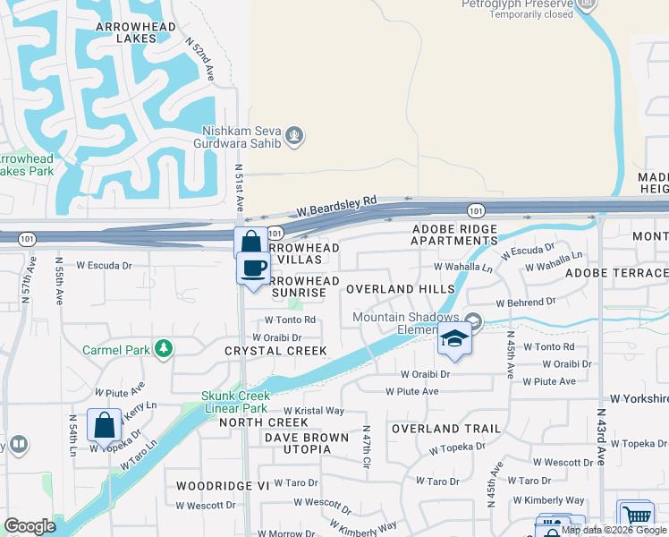 map of restaurants, bars, coffee shops, grocery stores, and more near 4911 West Escuda Drive in Glendale