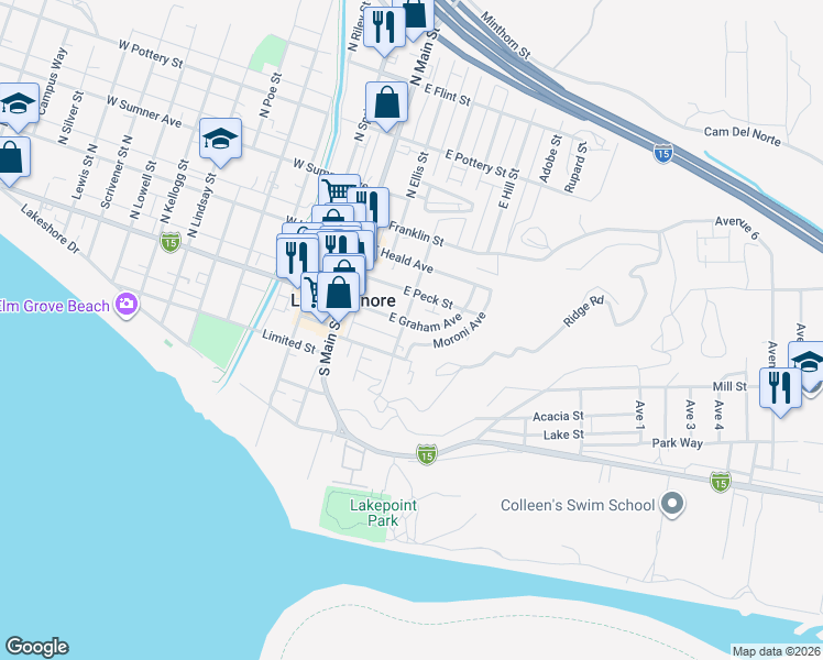 map of restaurants, bars, coffee shops, grocery stores, and more near 229 East Graham Avenue in Lake Elsinore
