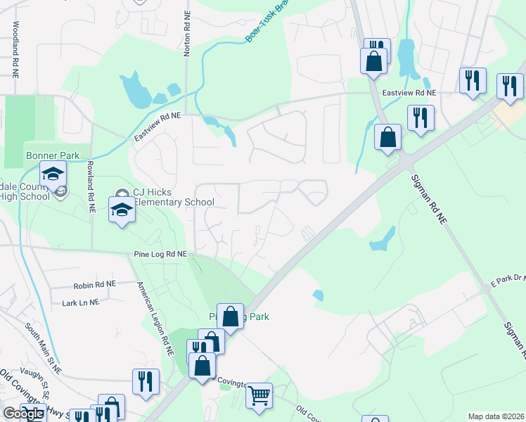 map of restaurants, bars, coffee shops, grocery stores, and more near 1057 Wedgewood Court Northeast in Conyers