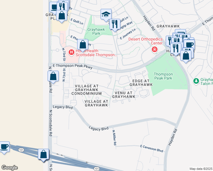map of restaurants, bars, coffee shops, grocery stores, and more near 7501 East Thompson Peak Parkway in Scottsdale