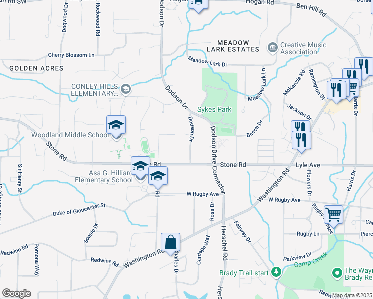 map of restaurants, bars, coffee shops, grocery stores, and more near 3263 Dodson Drive in East Point