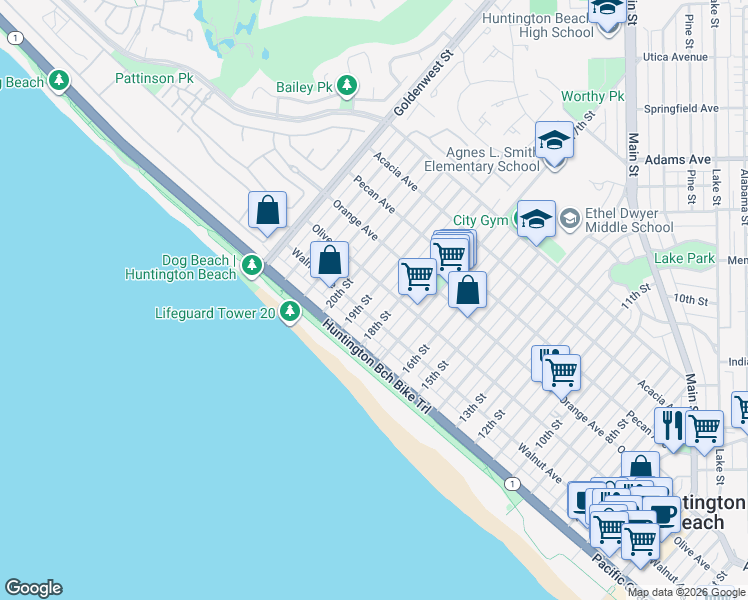 map of restaurants, bars, coffee shops, grocery stores, and more near 214 19th Street in Huntington Beach