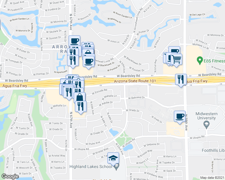 map of restaurants, bars, coffee shops, grocery stores, and more near 3427 West Escuda Road in Glendale