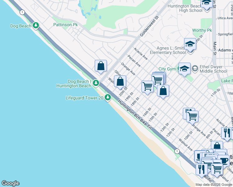 map of restaurants, bars, coffee shops, grocery stores, and more near in Huntington Beach