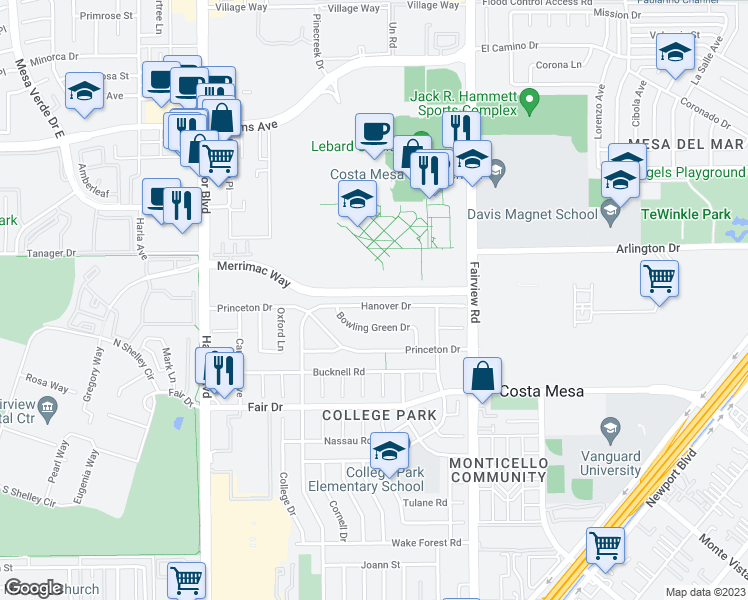 map of restaurants, bars, coffee shops, grocery stores, and more near 296 Hanover Drive in Costa Mesa