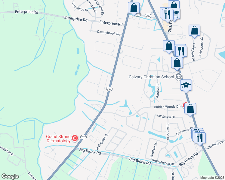 map of restaurants, bars, coffee shops, grocery stores, and more near 6925 South Carolina 707 in Myrtle Beach