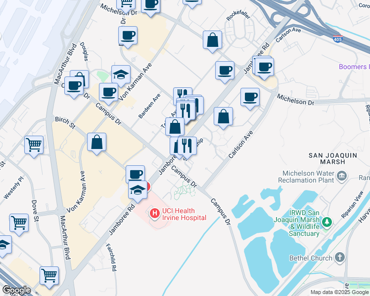 map of restaurants, bars, coffee shops, grocery stores, and more near 3122 Scholarship in Irvine