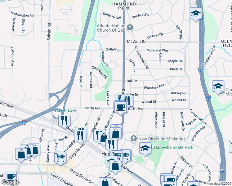map of restaurants, bars, coffee shops, grocery stores, and more near 625 Coleman Street in Hapeville