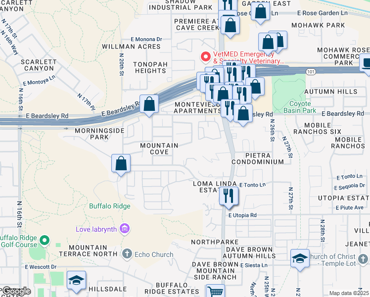map of restaurants, bars, coffee shops, grocery stores, and more near 20001 North 22nd Place in Phoenix