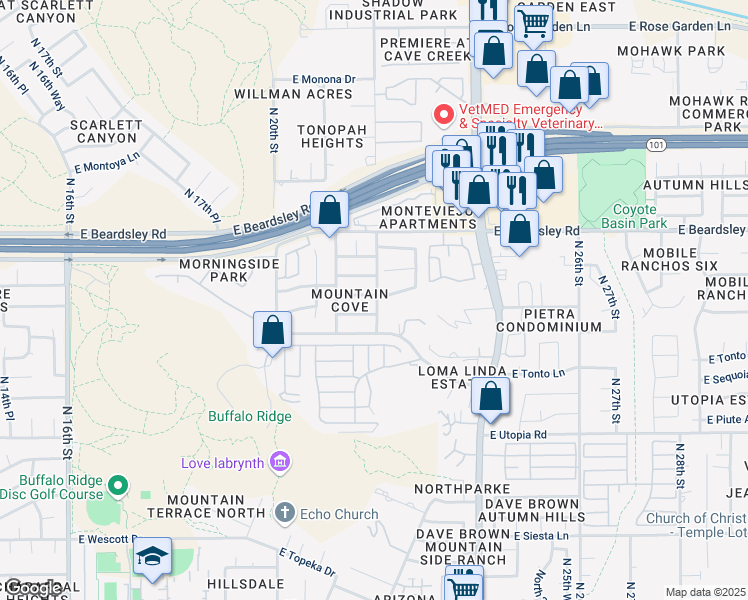 map of restaurants, bars, coffee shops, grocery stores, and more near 2206 East Wahalla Lane in Phoenix