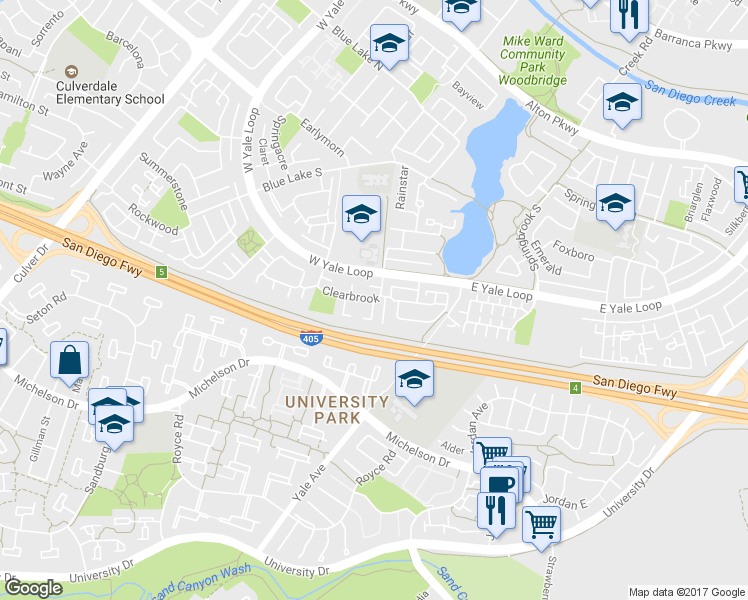 map of restaurants, bars, coffee shops, grocery stores, and more near 128 Clearbrook in Irvine