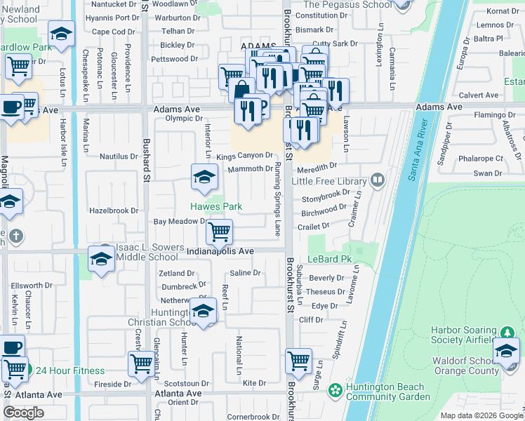 map of restaurants, bars, coffee shops, grocery stores, and more near 20321 Colonial Circle in Huntington Beach
