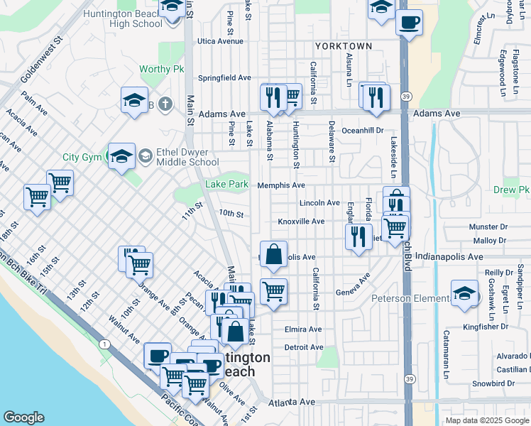 map of restaurants, bars, coffee shops, grocery stores, and more near 916 Lake Street in Huntington Beach