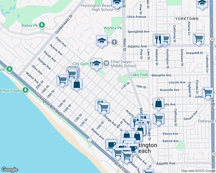 map of restaurants, bars, coffee shops, grocery stores, and more near 1220 Palm Avenue in Huntington Beach