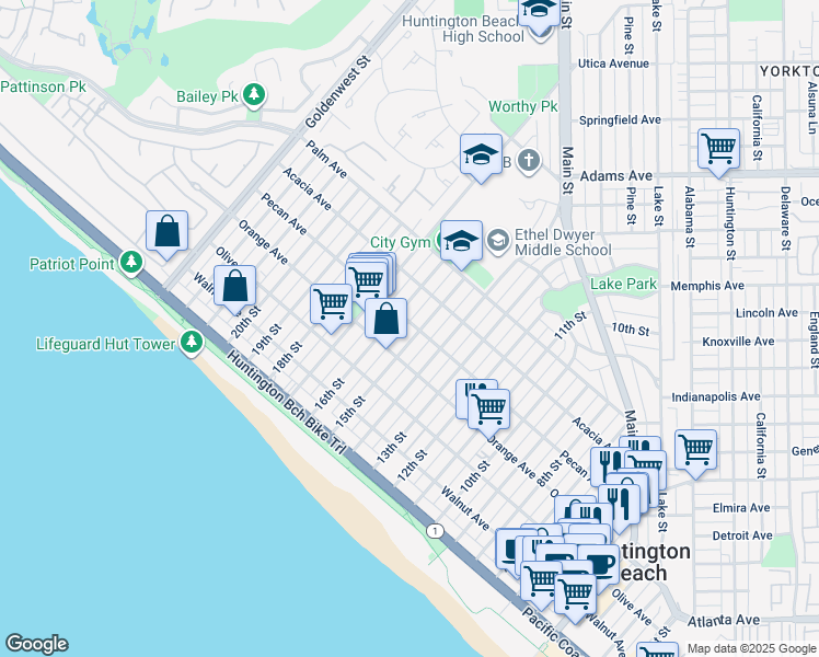 map of restaurants, bars, coffee shops, grocery stores, and more near 502 16th Street in Huntington Beach