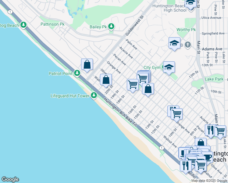 map of restaurants, bars, coffee shops, grocery stores, and more near 204 20th Street in Huntington Beach