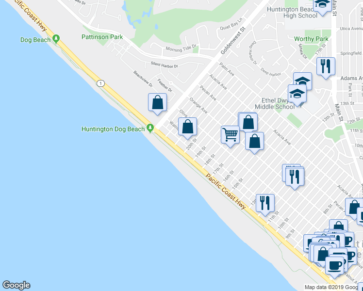 map of restaurants, bars, coffee shops, grocery stores, and more near 2102 Pacific Coast Highway in Huntington Beach