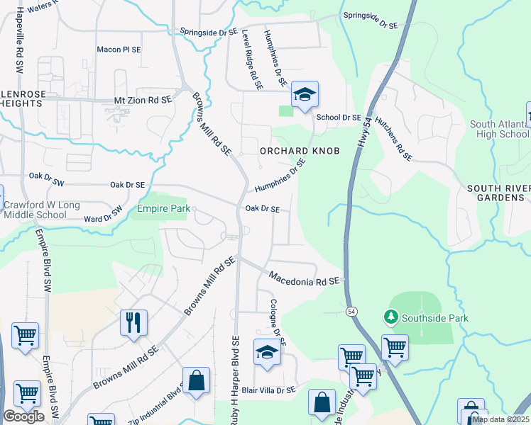 map of restaurants, bars, coffee shops, grocery stores, and more near 459 Oak Drive Southeast in Atlanta