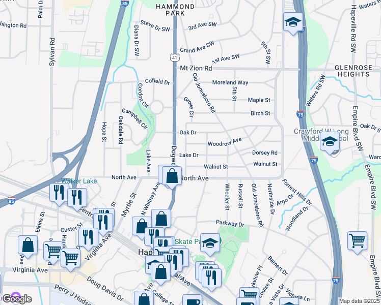 map of restaurants, bars, coffee shops, grocery stores, and more near 551 Lake Drive in Hapeville