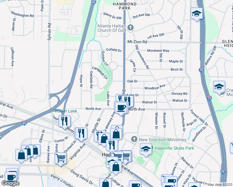 map of restaurants, bars, coffee shops, grocery stores, and more near 625 Coleman Street in Hapeville