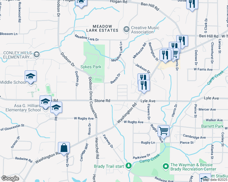 map of restaurants, bars, coffee shops, grocery stores, and more near 3206 Beech Drive in East Point