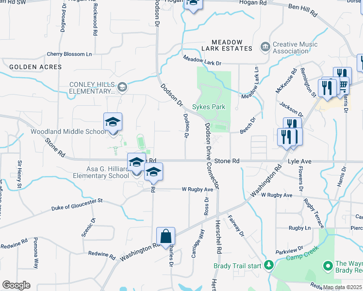 map of restaurants, bars, coffee shops, grocery stores, and more near 3263 Dodson Drive in East Point