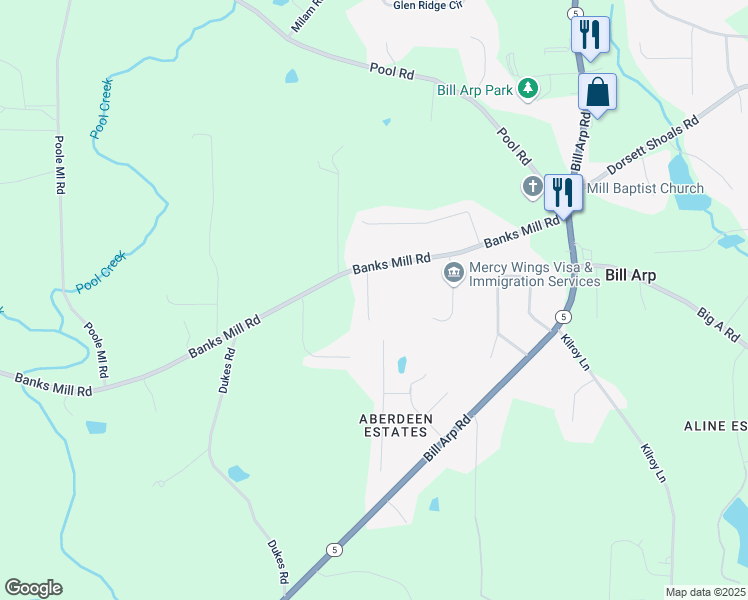 map of restaurants, bars, coffee shops, grocery stores, and more near 7307 Banks Mill Road in Douglasville