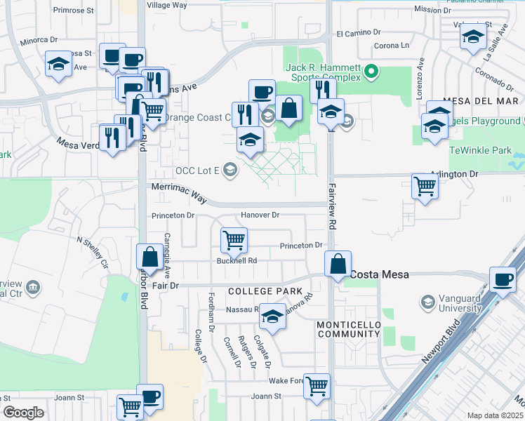 map of restaurants, bars, coffee shops, grocery stores, and more near 296 Hanover Drive in Costa Mesa