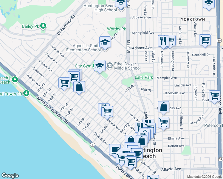 map of restaurants, bars, coffee shops, grocery stores, and more near 1220 Palm Avenue in Huntington Beach