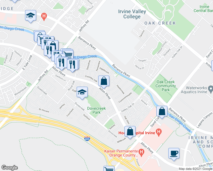 map of restaurants, bars, coffee shops, grocery stores, and more near 3501 Orangewood in Irvine