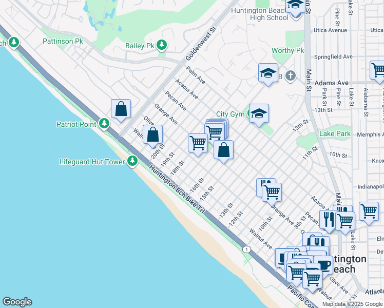 map of restaurants, bars, coffee shops, grocery stores, and more near 304 18th Street in Huntington Beach