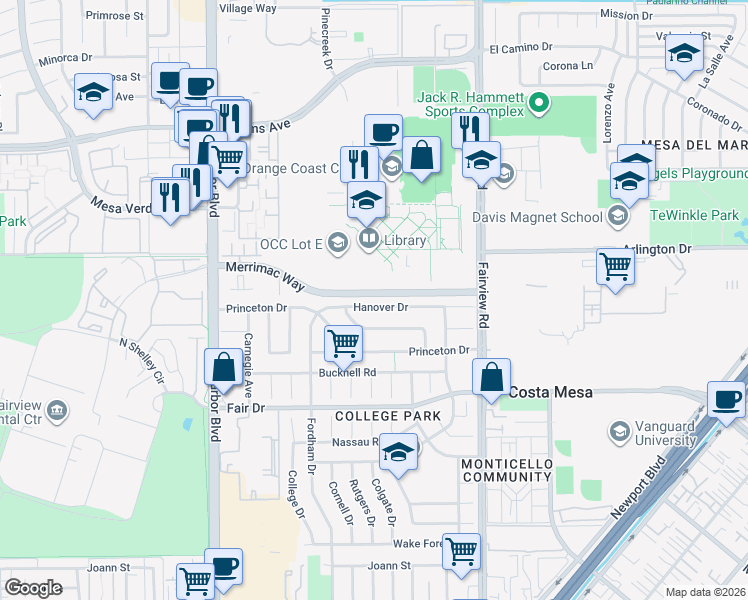 map of restaurants, bars, coffee shops, grocery stores, and more near 304 Hanover Drive in Costa Mesa