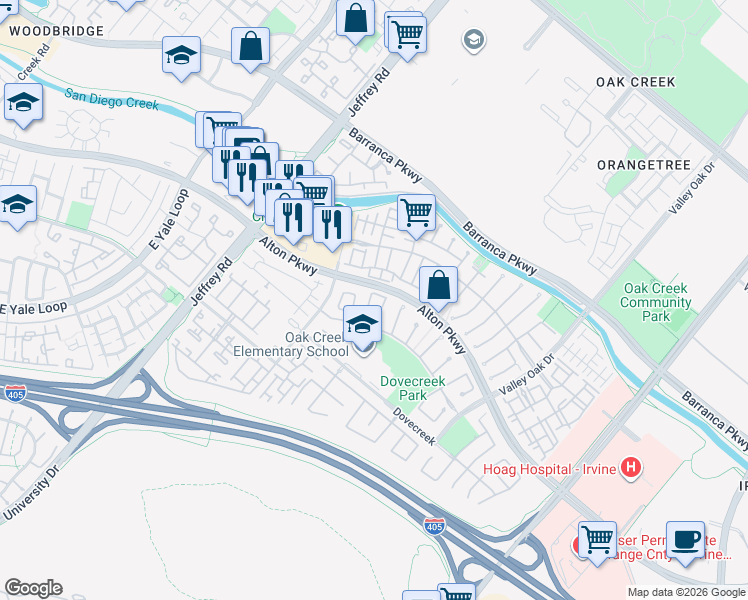 map of restaurants, bars, coffee shops, grocery stores, and more near 68 Peppermint Tree in Irvine