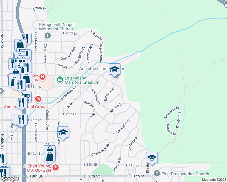 map of restaurants, bars, coffee shops, grocery stores, and more near 1544 Bacon Avenue in Anniston