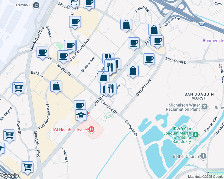 map of restaurants, bars, coffee shops, grocery stores, and more near 3032 Scholarship in Irvine