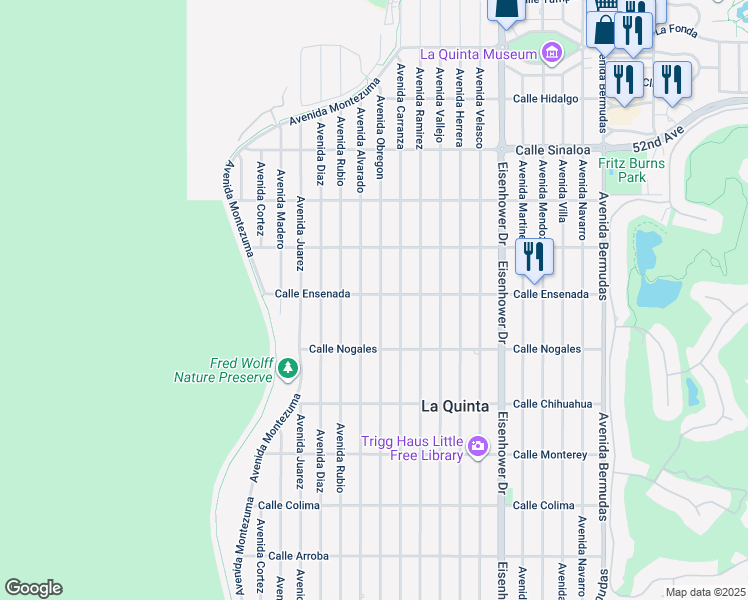 map of restaurants, bars, coffee shops, grocery stores, and more near 52450 Avenue Obregon in La Quinta