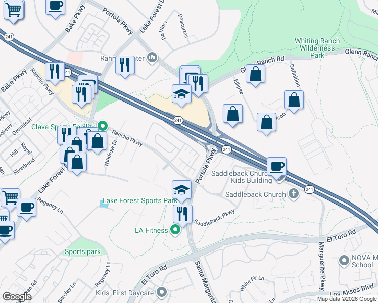 map of restaurants, bars, coffee shops, grocery stores, and more near 98 Pinnacle Drive in Lake Forest