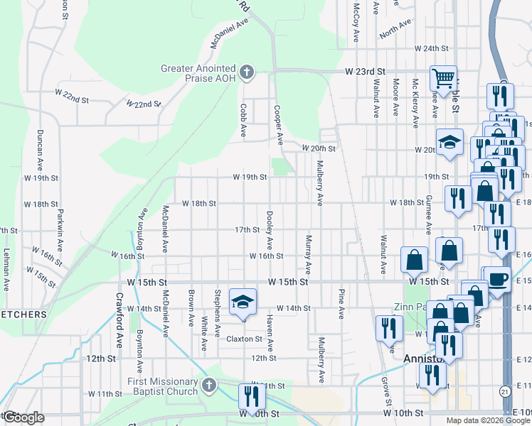 map of restaurants, bars, coffee shops, grocery stores, and more near 914 West 18th Street in Anniston