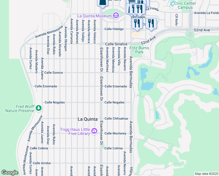 map of restaurants, bars, coffee shops, grocery stores, and more near 52500 Avenue Martinez in La Quinta