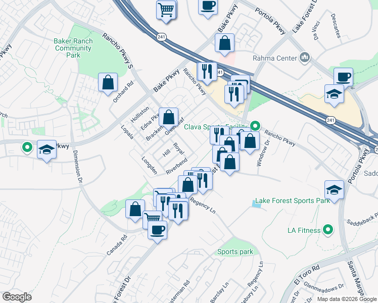 map of restaurants, bars, coffee shops, grocery stores, and more near 191 Sweet Juniper in Lake Forest