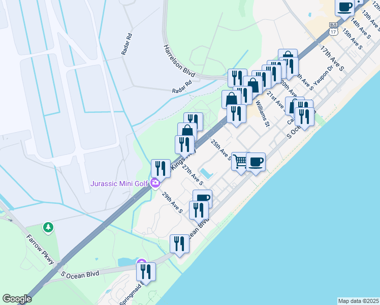 map of restaurants, bars, coffee shops, grocery stores, and more near South Kings Highway in Myrtle Beach
