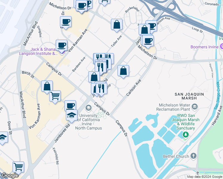 map of restaurants, bars, coffee shops, grocery stores, and more near 2400 Scholarship in Irvine