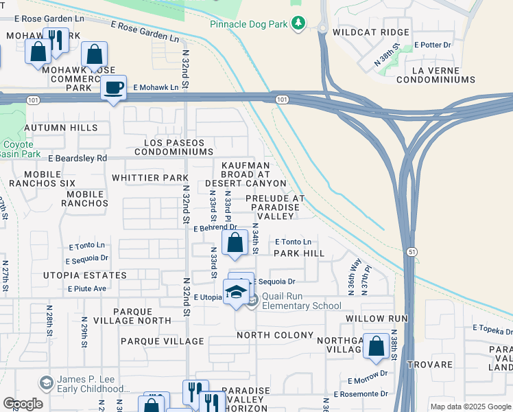 map of restaurants, bars, coffee shops, grocery stores, and more near 3401 East Wahalla Lane in Phoenix