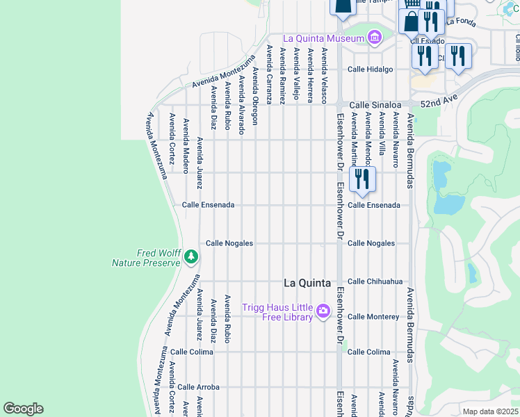 map of restaurants, bars, coffee shops, grocery stores, and more near 52510 Avenue Obregon in La Quinta