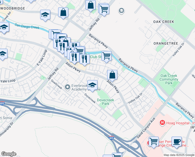 map of restaurants, bars, coffee shops, grocery stores, and more near 59 Fern Pine in Irvine