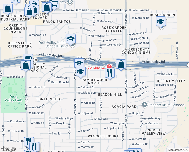 map of restaurants, bars, coffee shops, grocery stores, and more near 1335 West Wahalla Lane in Phoenix