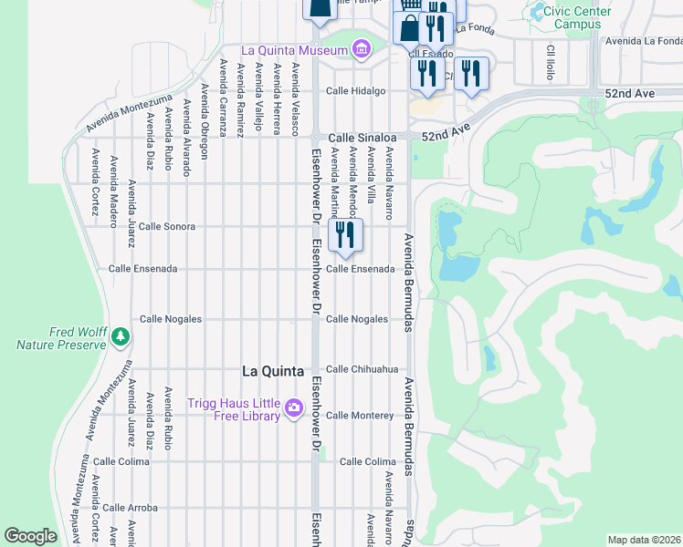 map of restaurants, bars, coffee shops, grocery stores, and more near 52500 Avenue Martinez in La Quinta