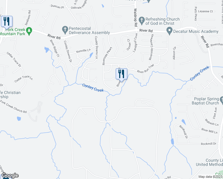 map of restaurants, bars, coffee shops, grocery stores, and more near 3967 Riverside Parkway in Decatur